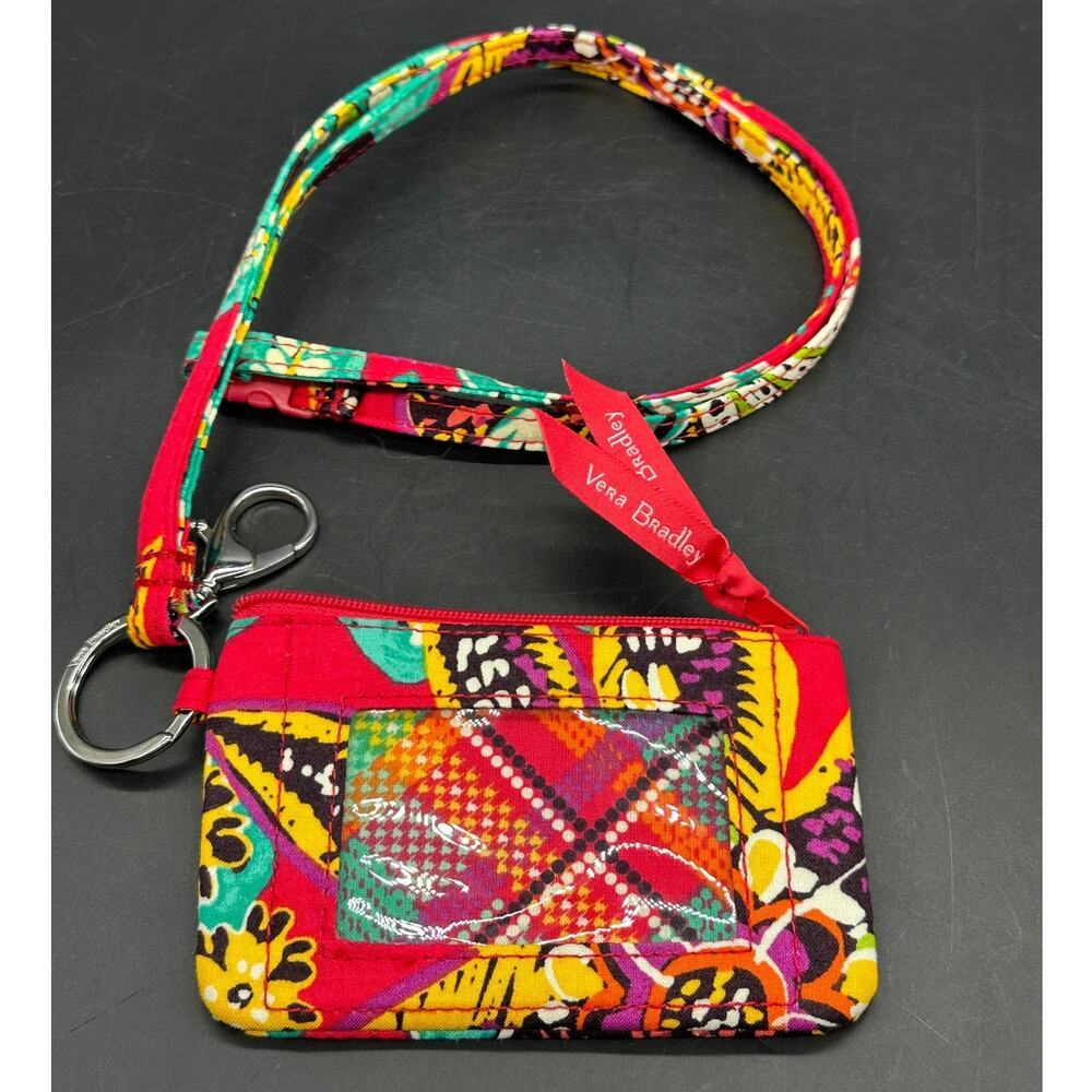 Vera‎ Bradley ID Pouch w Key Lock and Long Adjustable Strap Pink Yellow Lanyard